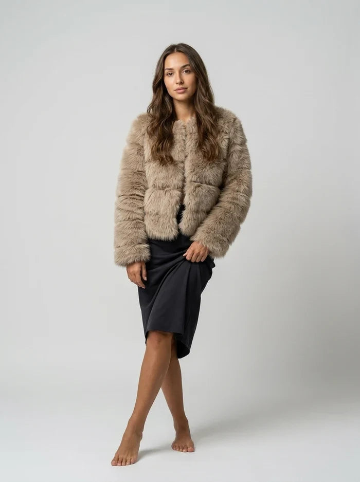 Women's Cropped Faux Fur Jacket | Relaxed Fit Plush Coat | Soft Textured Outerwear | Evening Party Winter Wear