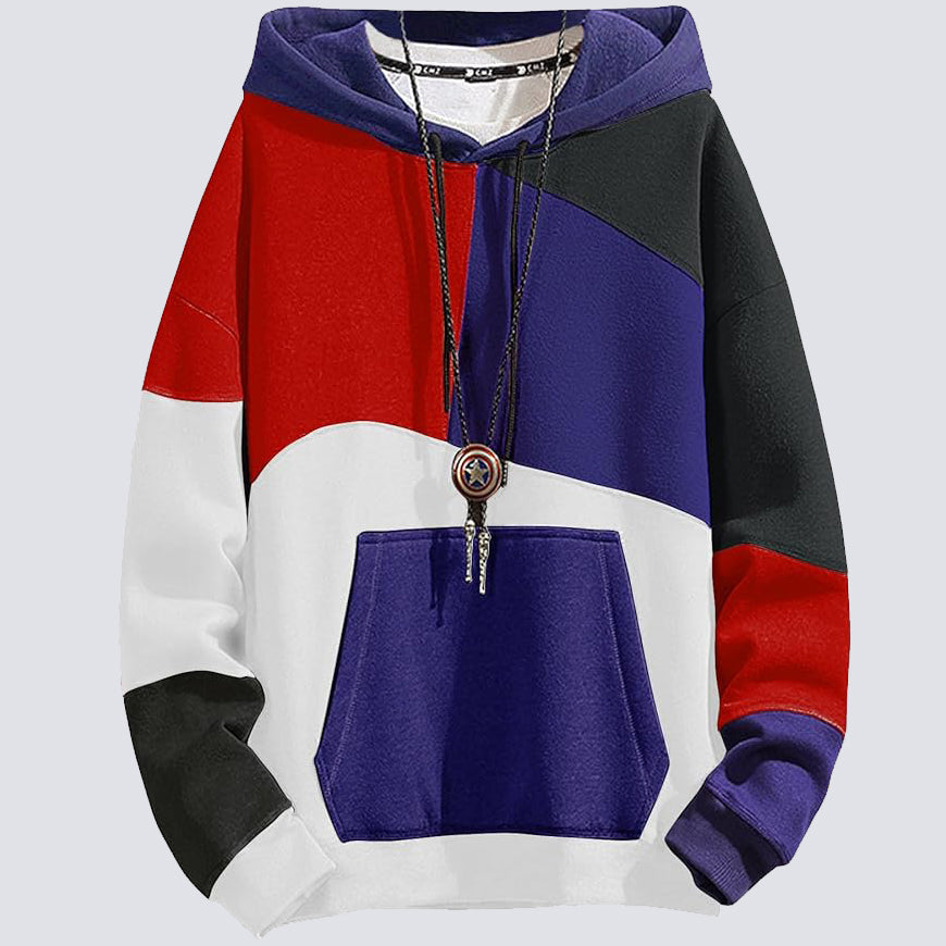 Felpa con cappuccio multicolore, design a blocchi rosso, blu, nero e bianco, tasca frontale, collana con ciondolo. Moda streetwear unisex.