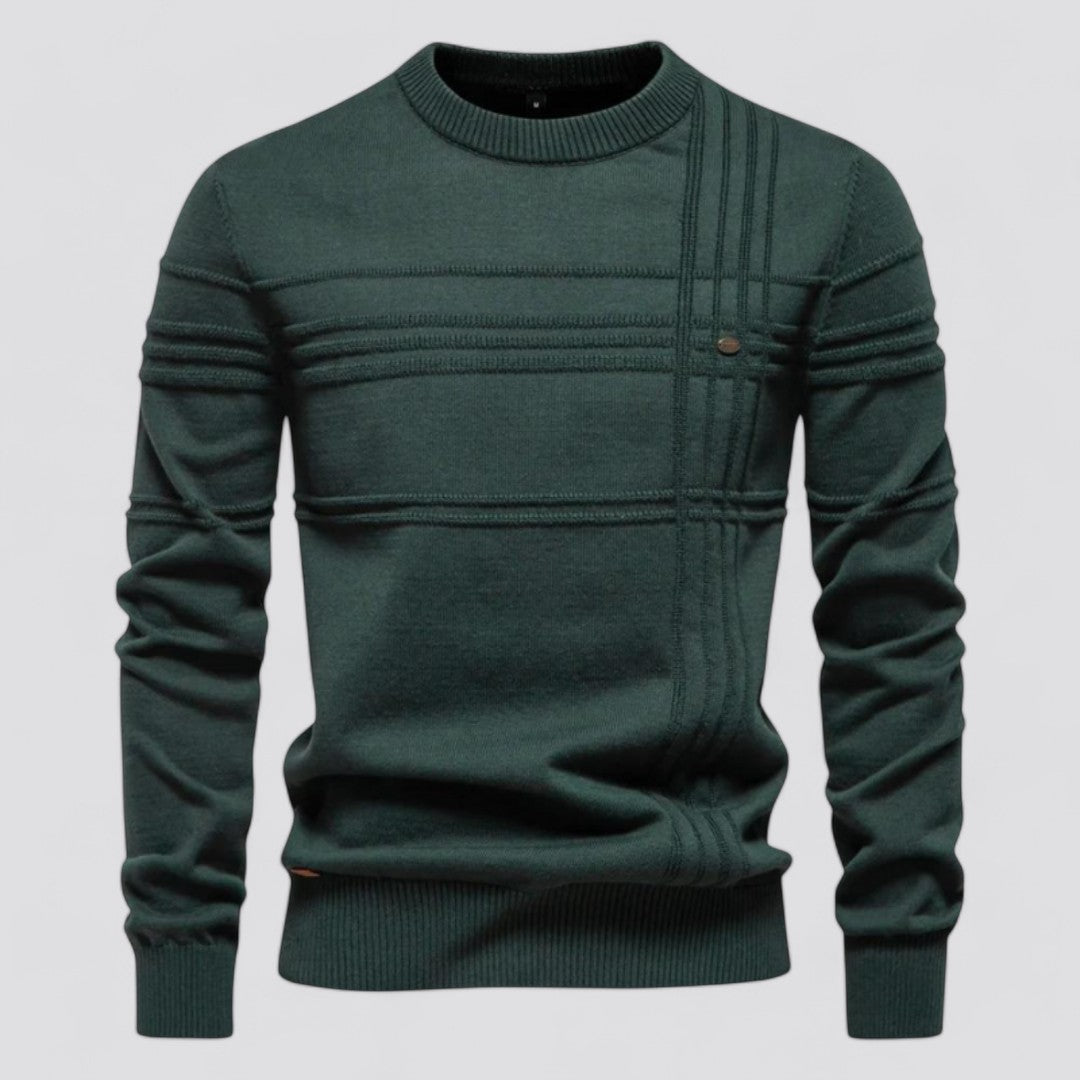 Maglione verde scuro da uomo, design a righe orizzontali e verticali, girocollo, maniche lunghe, stile casual elegante, moda autunno inverno.