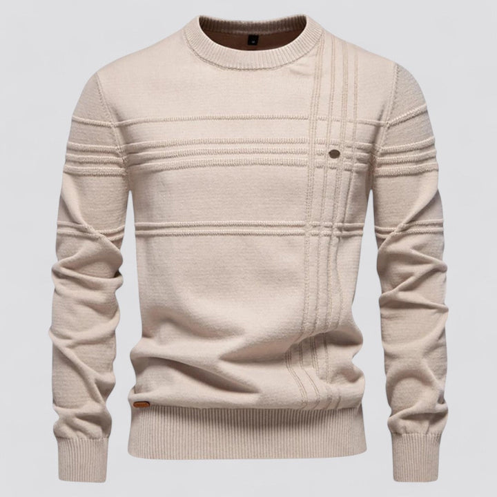 Maglione beige da uomo in lana, design a righe orizzontali, girocollo, maniche lunghe, stile casual elegante, perfetto per l'autunno e l'inverno.