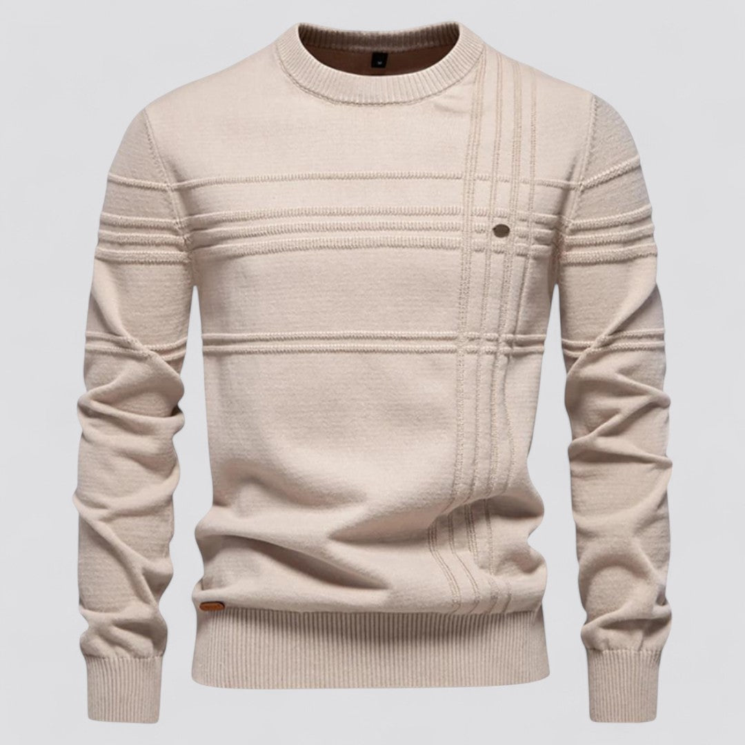 Maglione beige da uomo in lana, design a righe orizzontali, girocollo, maniche lunghe, stile casual elegante, perfetto per l'autunno e l'inverno.