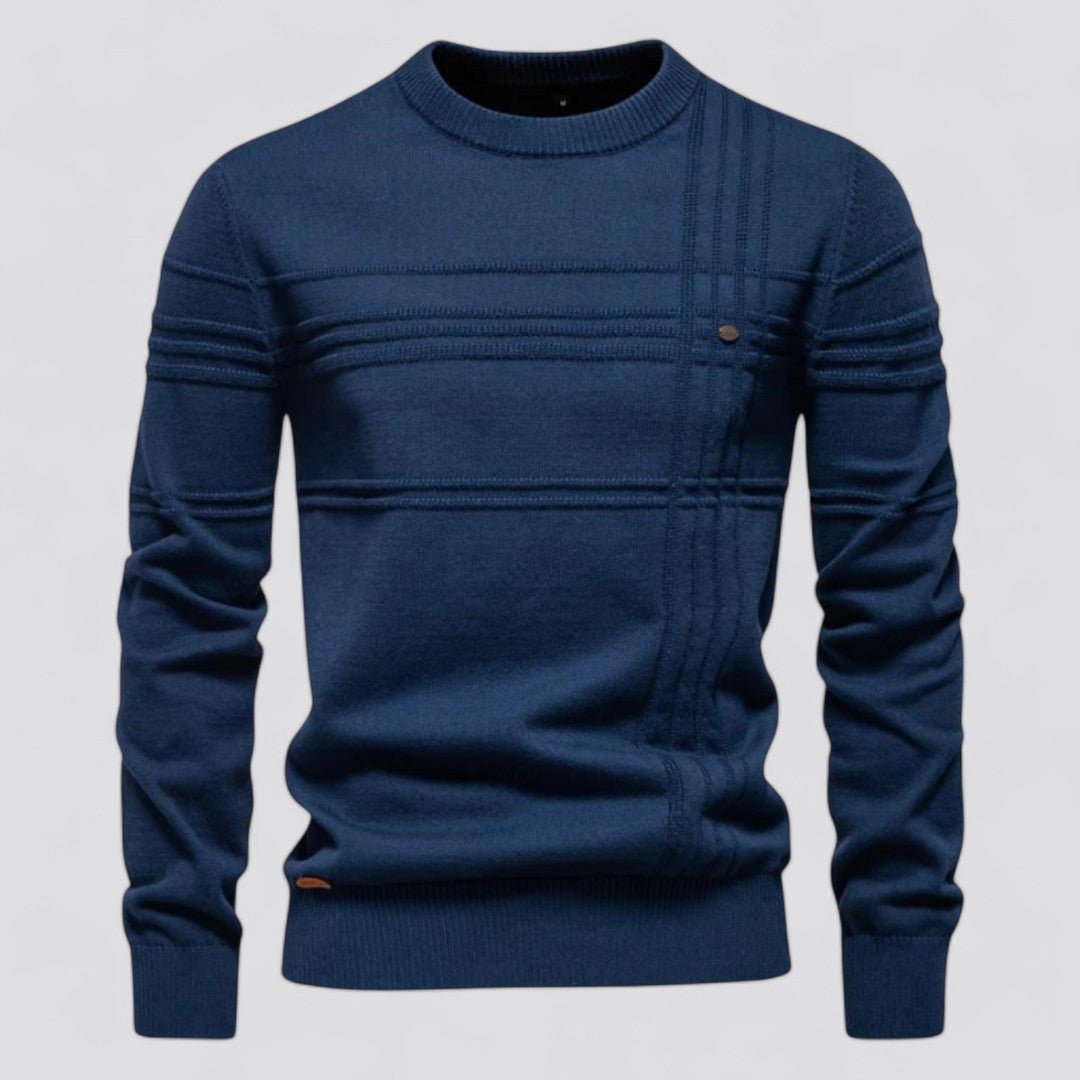 Maglione blu scuro da uomo, design a righe orizzontali, girocollo, maniche lunghe, stile casual elegante, perfetto per l'autunno e l'inverno.